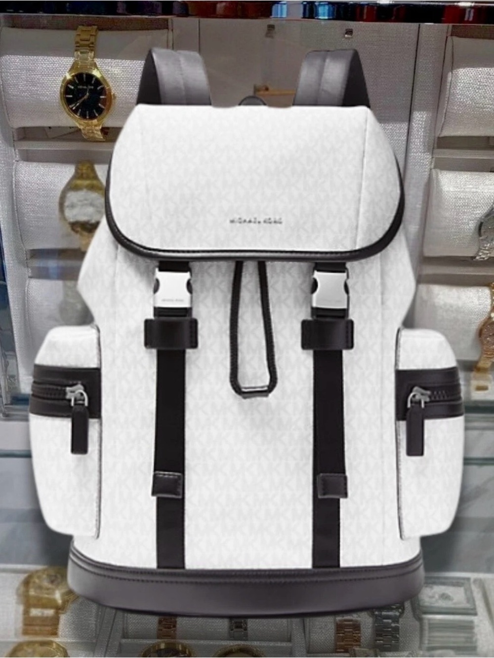 Michael Kors Cooper Men Logo Buckle Flap Zip Side Pockets Backpack Bright White